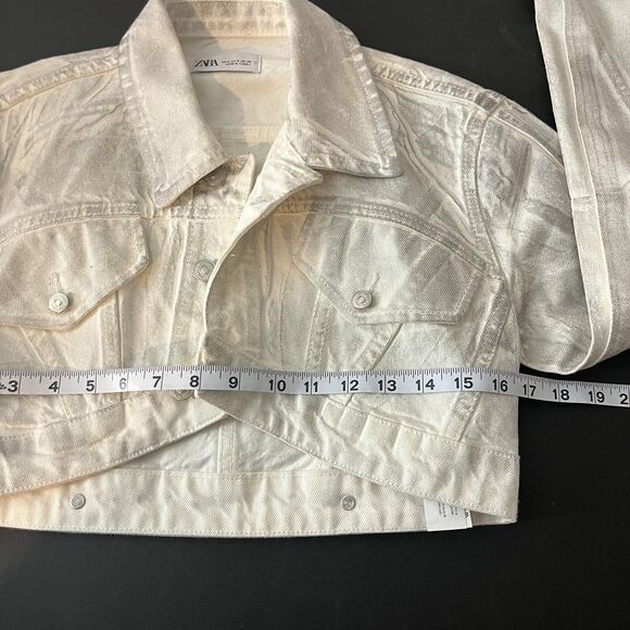 Zara Jacket Womens Small Silver White Cropped Metallic Coated Denim Snap Front - Picture 5 of 6